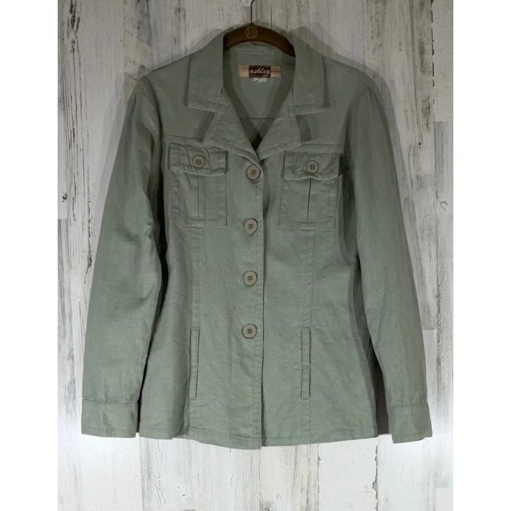 Ashley Linen‎ Safari Jacket Size Small Sage Green Button Front Utility Pocket
